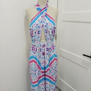 Moda Baronessa Silk Marble Adele  Colorful Halter Self Tie Waist Jumpsuit Size S